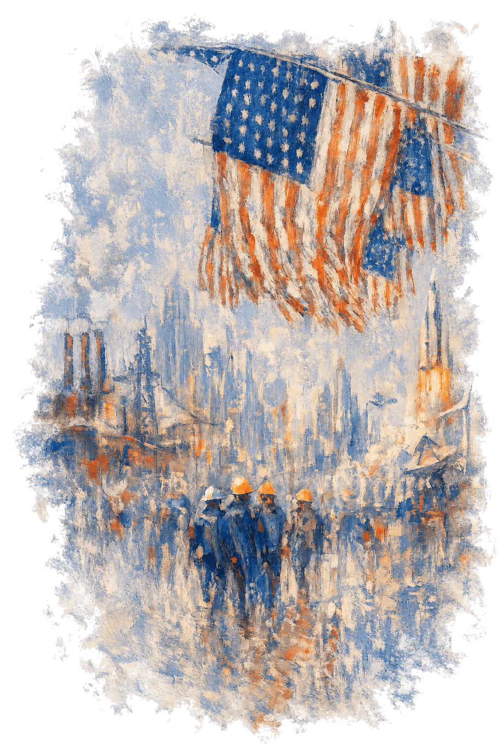 Impressionist painting of American flags flying over a crowded city street, in the style of Childe Hassam.